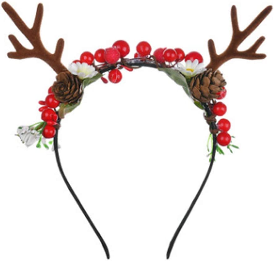 Christmas Headband, Elk Antlers Headband, Christmas Deer Antlers Headband Girls Women Cute Hair Hoop with Flowers Headpiece Headware for Carnival Party